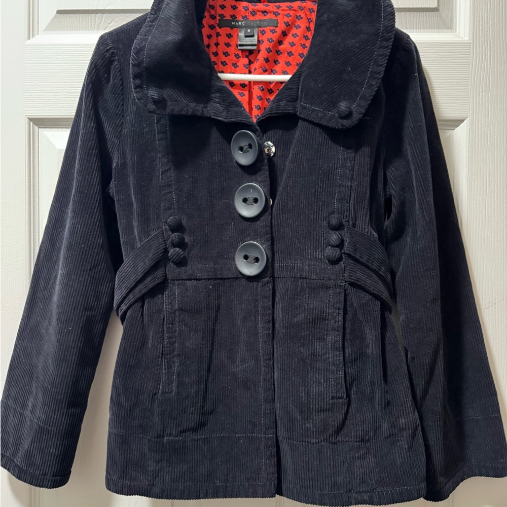 Marc Jacobs Black Corduroy Button Front Jacket with Red Lining